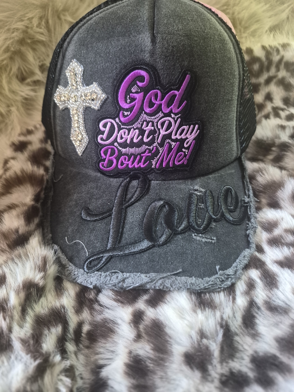 God Don't Play 'Bout Me' Black Trucker Hat with Purple Accent